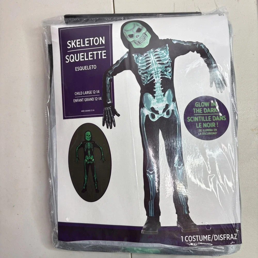 NWT kids Skeleton Costume Glow in the Dark Halloween Jumpsuit Child Large 12 14